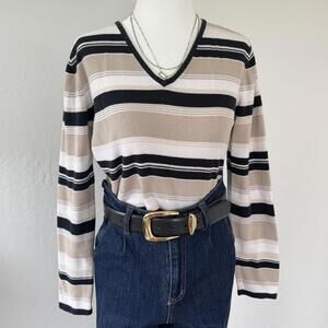 Vintage grunge cream neutral striped v-neck longsleeve